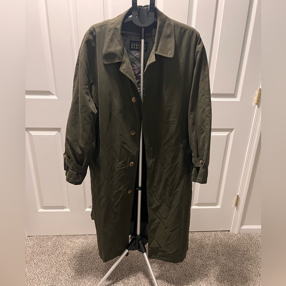 Vintage Newport Harbor Men's Olive Belted Trench Coat Size 46 Large Wool Liner